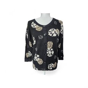 Designers Originals Floral Cardigan Sweater Black Cream Tan Size XL 3/4 Sleeve